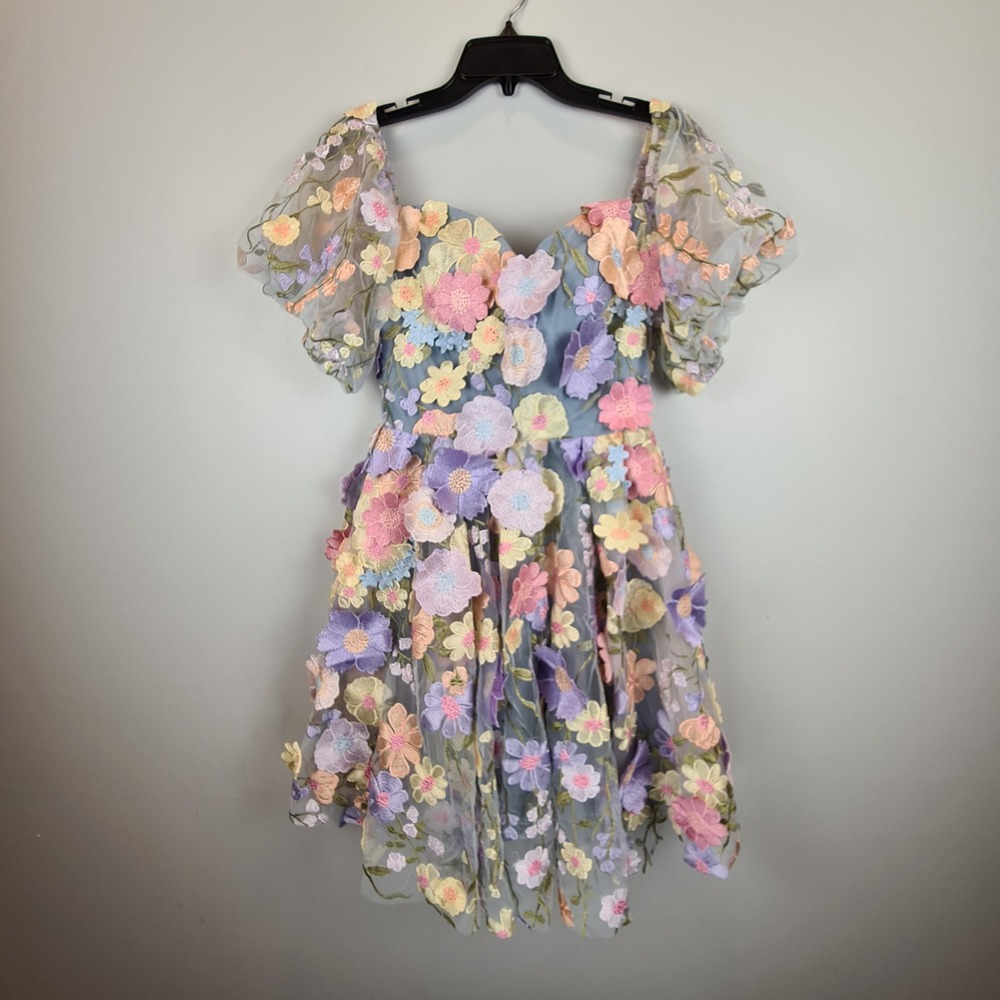 AW Bridal Cecilia Sky Blue 3D Floral Applique Puff Sleeve Mini Dress Sz 4 Fairy